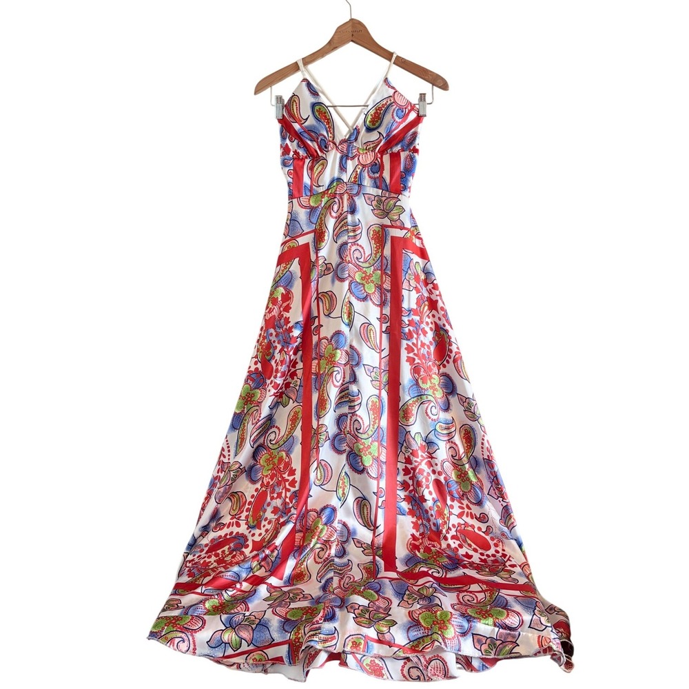 Rubber Ducky Paisley Floral Maxi Dress Orange Blue Boho Satin Finish‎ SZ Small